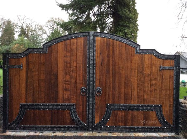 High Quality Brown Teak Wood with Wrought Iron Main Gate