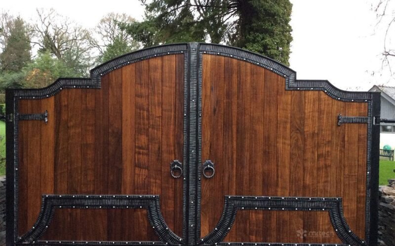 High Quality Brown Teak Wood with Wrought Iron Main Gate