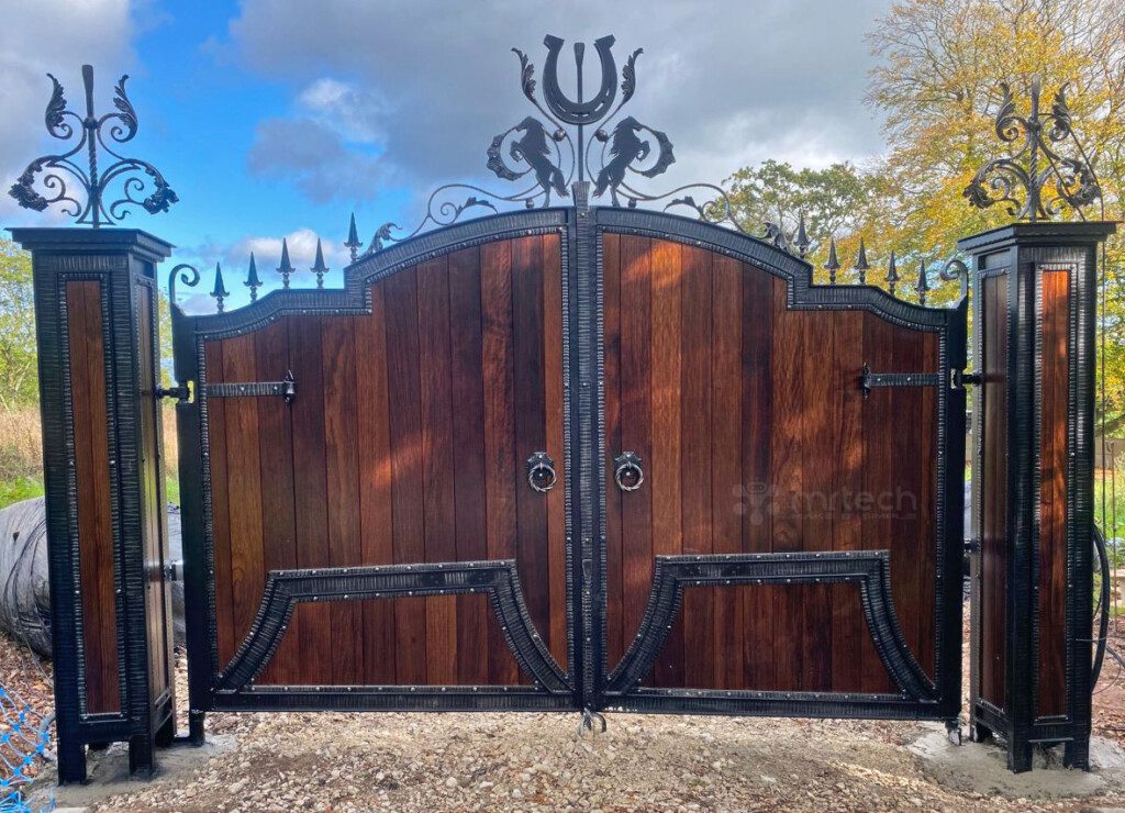 High Quality Brown Teak Wood with Wrought Iron Main Gate