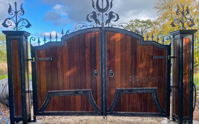 High Quality Brown Teak Wood with Wrought Iron Main Gate