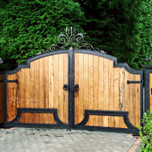 Wooden Gates with Wrought Iron Inserts for Home