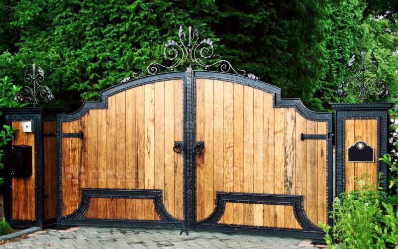 Wooden Gates with Wrought Iron Inserts for Home