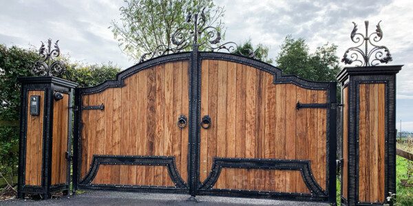 Wooden Gates with Wrought Iron Inserts for Home