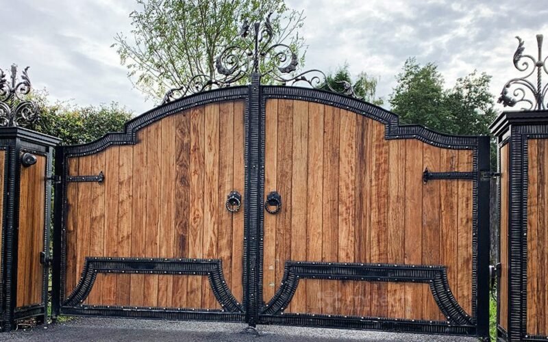 Wooden Gates with Wrought Iron Inserts for Home